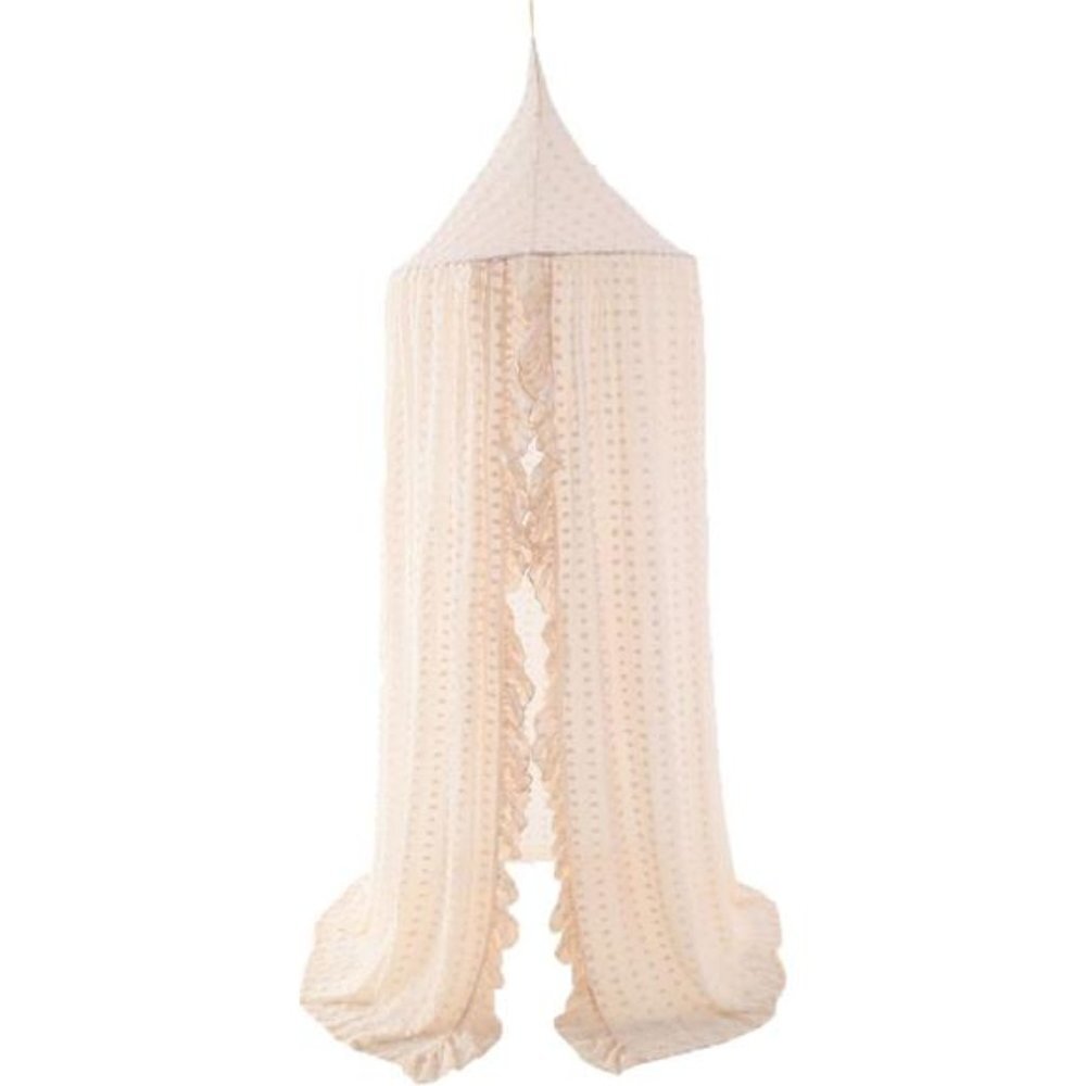 Elegant Kids Bed Canopy - Lace Chiffon Netting with Pom Pom, Princess Girls Tent